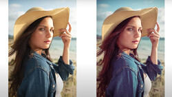 Woman in denim shirt and straw hat at beach, shown in original and color-graded versions.