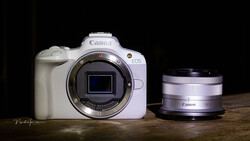 White Canon EOS R50 mirrorless camera body with detached Canon RF-mount lens on wooden surface.