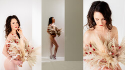 Woman in blush gown holding dried pampas grass, shown in three compositional variations against neutral backdrops.