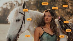 Woman beside white horse with AI-generated object labels overlaid as orange tags connected by lines.