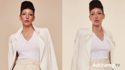 Side-by-side comparison of a woman in cream blazer and white V-neck top against neutral backdrops.