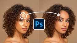 Before-and-after comparison showing skin retouching in Adobe Photoshop with highlight circle indicating blemish removal.