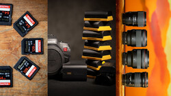 Photography gear collection including Canon camera, battery grip, multiple lenses, SD memory cards, and protective cases organized on wood surface.