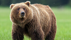 Brown bear standing in grassy meadow, facing camera with alert expression.
