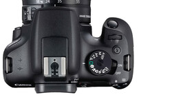 Canon DSLR camera body viewed from above, showing top plate with mode dial and hot shoe.