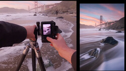 Photographer composing long exposure beach shot with tripod-mounted camera while viewing Golden Gate Bridge at sunset.