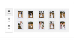 Screenshot of wedding photography product options showing prints, USB, and box delivery formats alongside a grid of sample wedding photos.