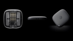 Three views of a compact wireless device showing internal components, edge profile, and curved exterior design against black background.