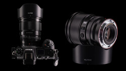 Viltrox lens mounted on mirrorless camera body alongside separate lens with hood on black background.