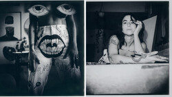 Two black and white portrait photographs showing experimental makeup and theatrical styling.
