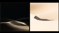 Diptych of minimalist desert dune photography with stark contrast between dark and light compositions.