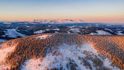 Snow-covered forest hills at sunset with distant snow-capped mountain range glowing pink against twilight sky.