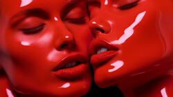 Two faces in profile touching foreheads against vibrant red lighting with glossy skin texture.
