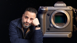 Photographer posing next to a Fujifilm medium format camera body against a dark starry background.