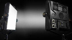 Two professional LED light panels positioned facing each other against a black background.