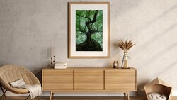 Framed photograph of a tree shot from below, displaying upward-looking composition with green canopy against darker trunk.