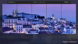 Hillside European cityscape at dusk with illuminated buildings and churches ascending a slope.