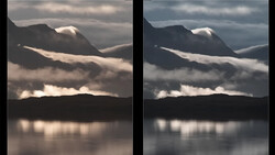 Side-by-side comparison of mountain landscape with fog and water reflection, showing different color grading treatments.
