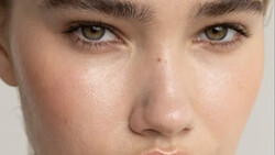 Close-up portrait of a person's face showing skin texture, eye contact, and neutral expression.