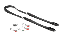 Black camera strap with adjustment mechanisms and four red connector loops displayed on white background.