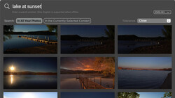 Screenshot of a photo search interface displaying search results for "lake at sunset" with multiple landscape photographs arranged in a grid.