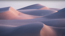 Sand dunes with smooth, undulating slopes lit by warm golden light against cool blue shadows.