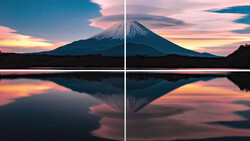 Mount Fuji reflected in still lake water at sunset, divided into four compositional sections.