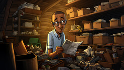 Illustration of a man wearing glasses reading a newspaper in a cluttered storage room filled with cardboard boxes.