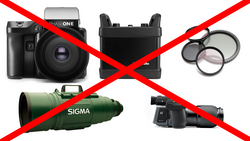 Graphic illustration with red X marks over photography equipment including a camera, filters, lens, and accessories.
