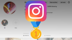 Screenshot of Instagram profile interface with logo and gold medal icon graphic overlay.