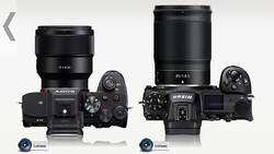 Comparison of two mirrorless camera systems with lenses mounted, shown from above against a white background.
