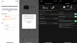 Screenshot showing camera app connection setup screens with Bluetooth pairing options and location settings.