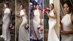 Woman in white halter wedding dress holding red roses across five different portrait variations.