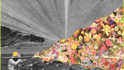 Composite image blending a black and white construction scene with vibrant floral overlay.