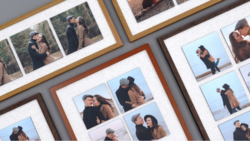 Multiple framed photo collages displaying couples in outdoor settings arranged on a gray wall.