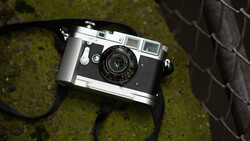 Vintage rangefinder camera with chrome top plate and black leather strap resting on moss-covered ground.