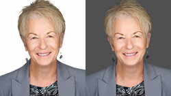 Professional headshot comparison showing same woman against white and gray backgrounds.
