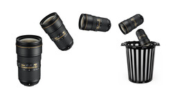 Illustration of camera lenses in various focal lengths arranged on white background.