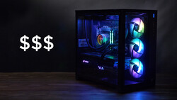 High-end gaming PC with illuminated RGB fans and components in black case against dark background.