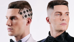 Two men with styled haircuts and formal wear shown in profile and three-quarter view.