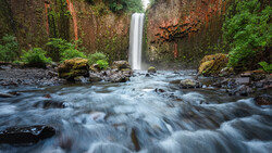 Waterfall cascading into a rocky stream surrounded by moss-covered canyon walls and lush vegetation.