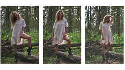 Woman in white dress posing on fallen log in forest, shown in three sequential poses.