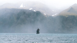 Solitary sea stack rising from misty water with snow-capped mountains shrouded in fog in the background.