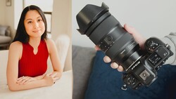 Portrait of woman in red sleeveless top alongside close-up of professional camera with telephoto lens and lens hood.