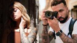 Split-frame comparison of portrait and photographer with camera during outdoor shoot.