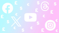 Graphic illustration of social media and payment platform icons with currency symbols on gradient background.