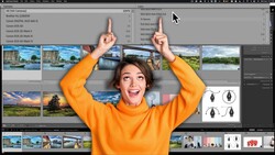Screenshot of photo editing software with a woman in an orange sweater posing in front of multiple landscape photographs displayed on screen.