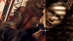 Before and after comparison of portrait retouching showing enhanced skin texture and dramatic side lighting.