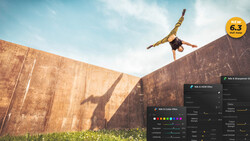Parkour athlete performing a backflip against concrete walls with editing software interface displayed.