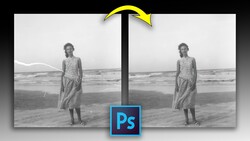 Screenshot showing before and after comparison of a beach portrait in Adobe Photoshop.
